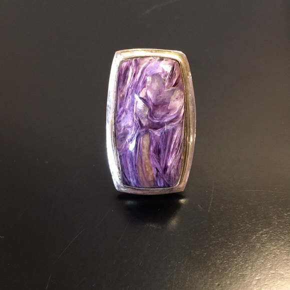 Vintage Amethyst Cabochon Sterling Silver Cocktail Ring Sz 7•1/4 - Picture 10 of 13
